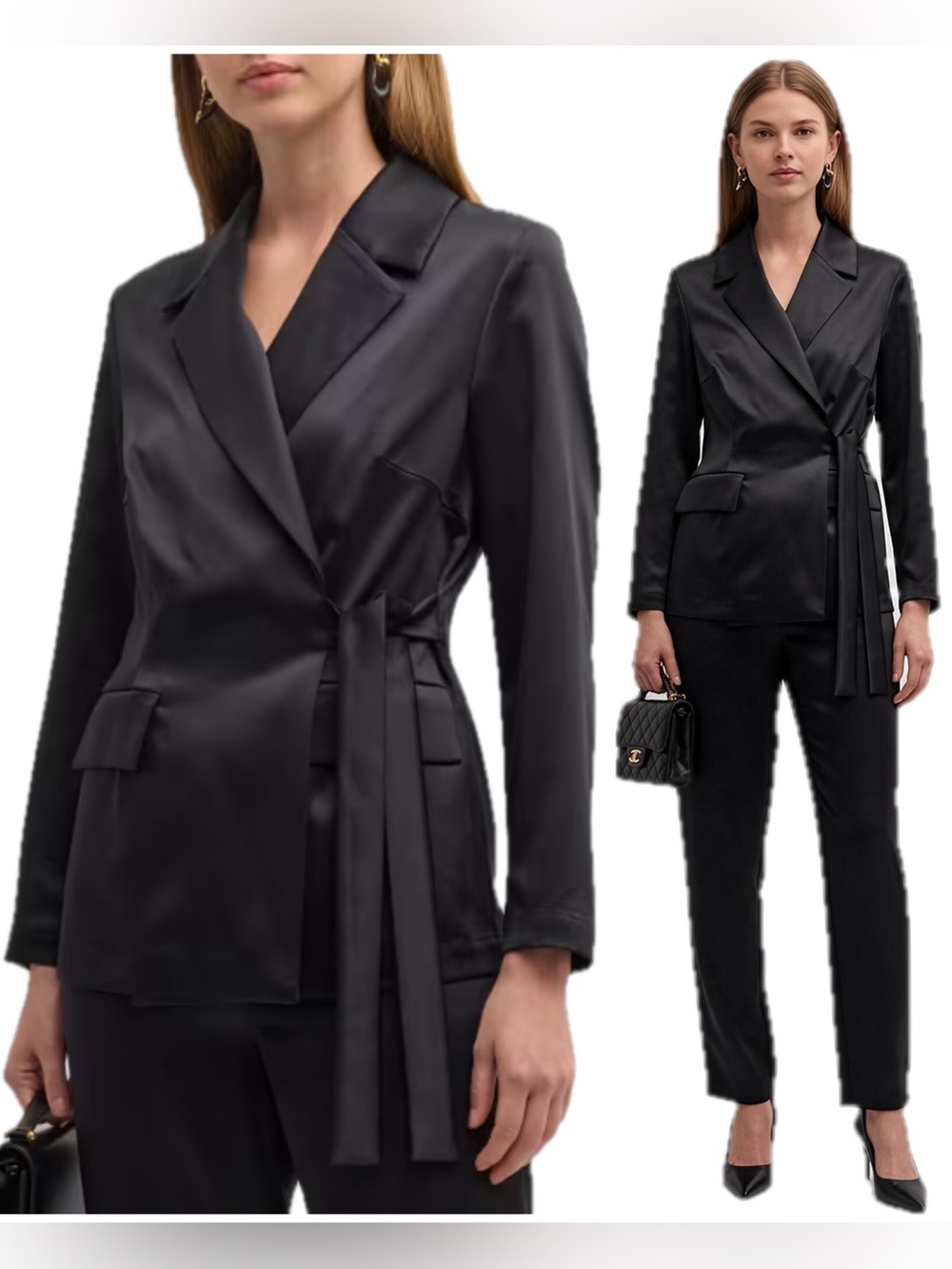 Misook Black Satin Notched Lapel Side Tie Wrap Blazer Jacket NWT $358
